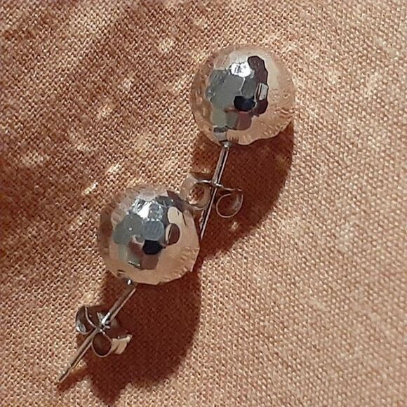 Gold earrings 14k solid white gold stud earrings sphere faceted Disco ball round - Picture 1 of 9